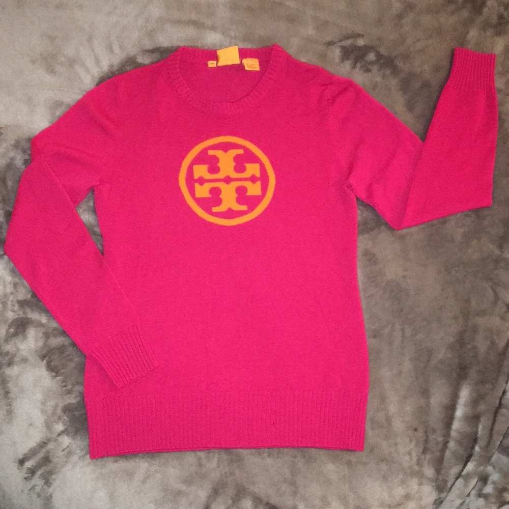 Authentic Tory Burch hot pink logo wool sweater